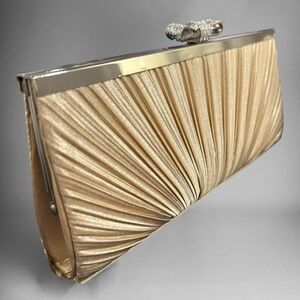 Charming Charlie’s Gold Pleated Clutch Rhinestone Bow Evening Bag